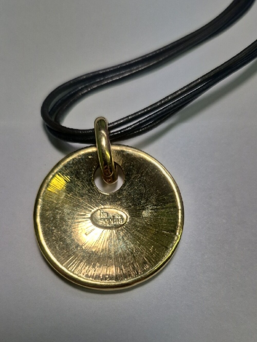 Lia Sophia Layered Gold Tone Crackle Disc Pendant 16" In. Necklace - Black Cord - Picture 3 of 6